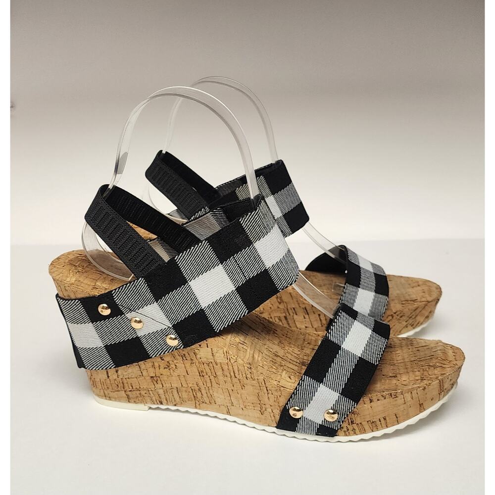 C Comfort Women's Plaid Wedge Heel Slingback Sandal Shoes Black/White Size 10M